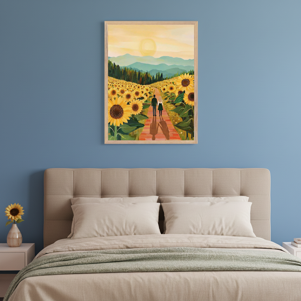 Modern bedroom with a beige bed and a white nightstand. A framed illustration hangs above the bed, depicting two figures walking through a sunflower field towards mountains under a yellow sun.