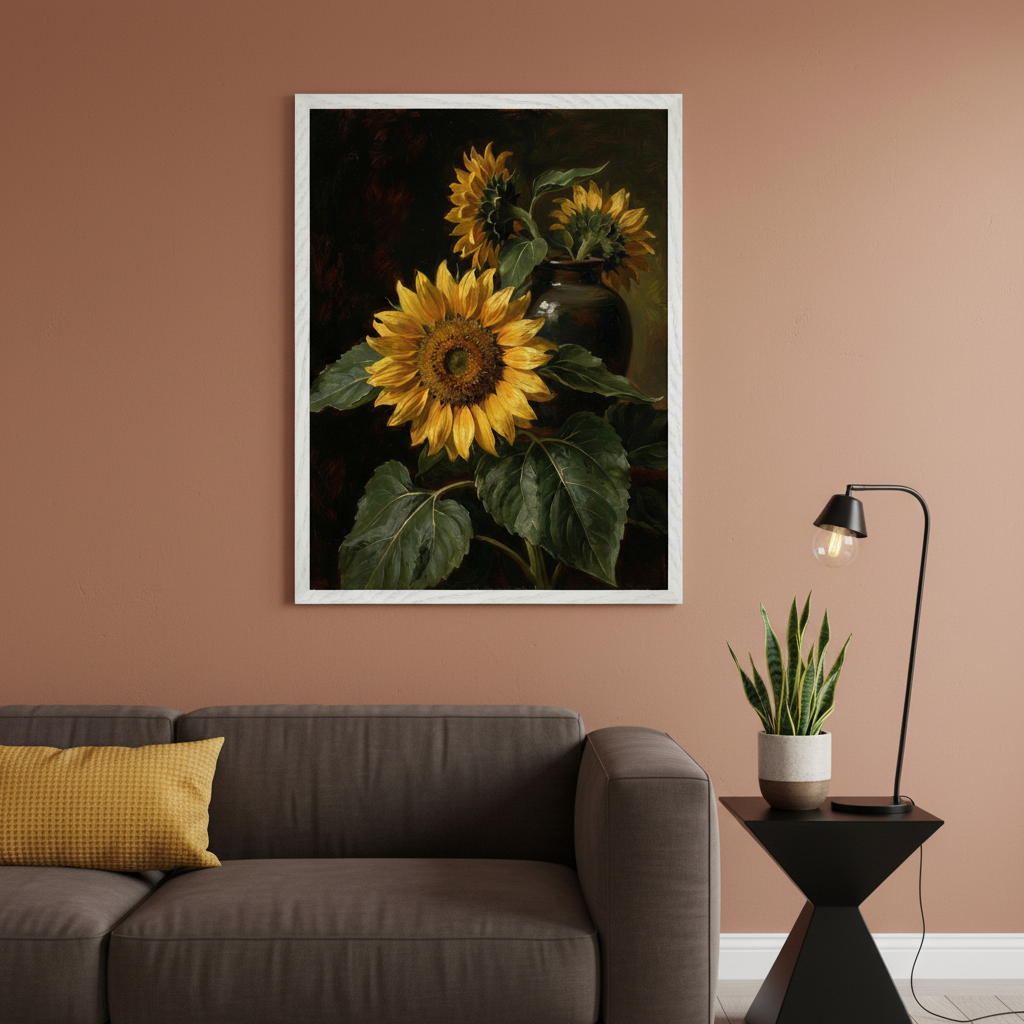 Living room with a dark gray sofa and a yellow cushion. A large white-framed still life painting of sunflowers in a dark vase hangs on the warm orange wall, centered above the left section of the sofa. A black side table with a lamp and plant is to the right.