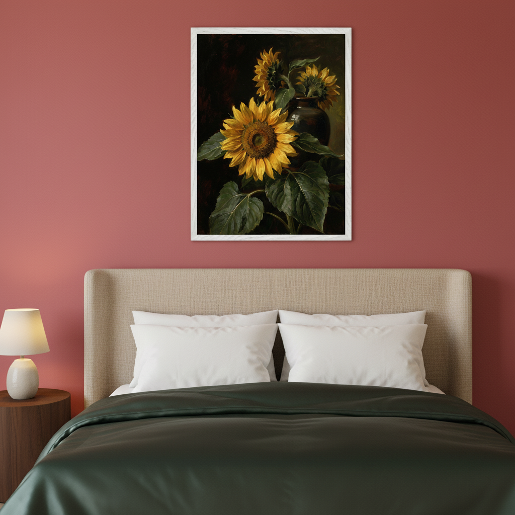 Modern bedroom with a beige upholstered bed, white pillows, and a dark green duvet. A round wooden nightstand with a white lamp is on the left. A framed still life painting of yellow sunflowers in a dark vase hangs centered above the bed on a reddish-pink wall.