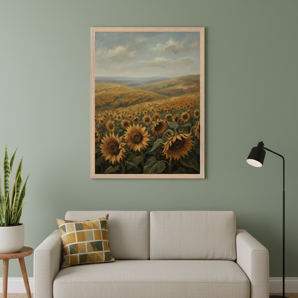 Modern living room with a light beige sofa. A large landscape oil painting of a sunflower field under a cloudy sky, framed in light wood, hangs centrally above the sofa. A snake plant in a white pot is on a wooden side table to the left, and a black floor lamp stands to the right.