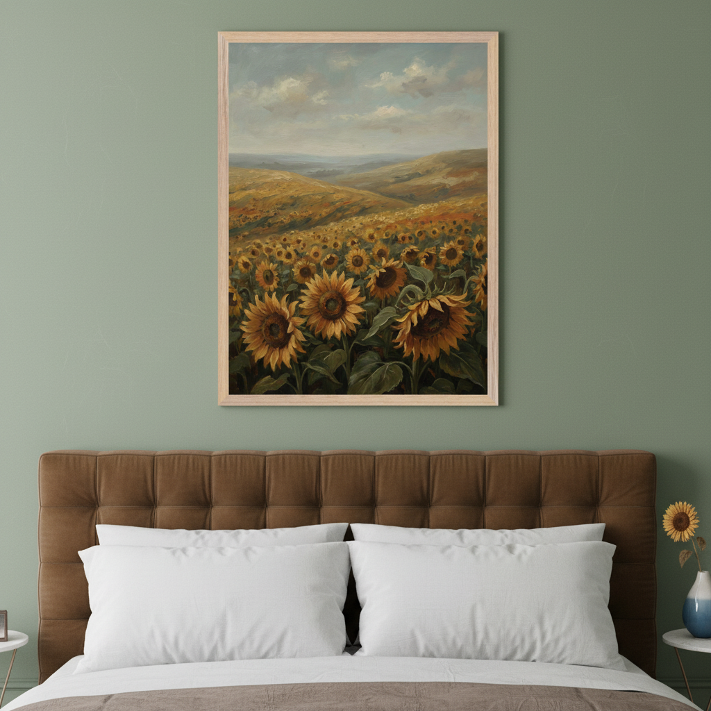 Modern bedroom with a brown upholstered bed. A framed painting of a sunflower field under a cloudy sky, in an impressionistic style, hangs centered above the headboard.