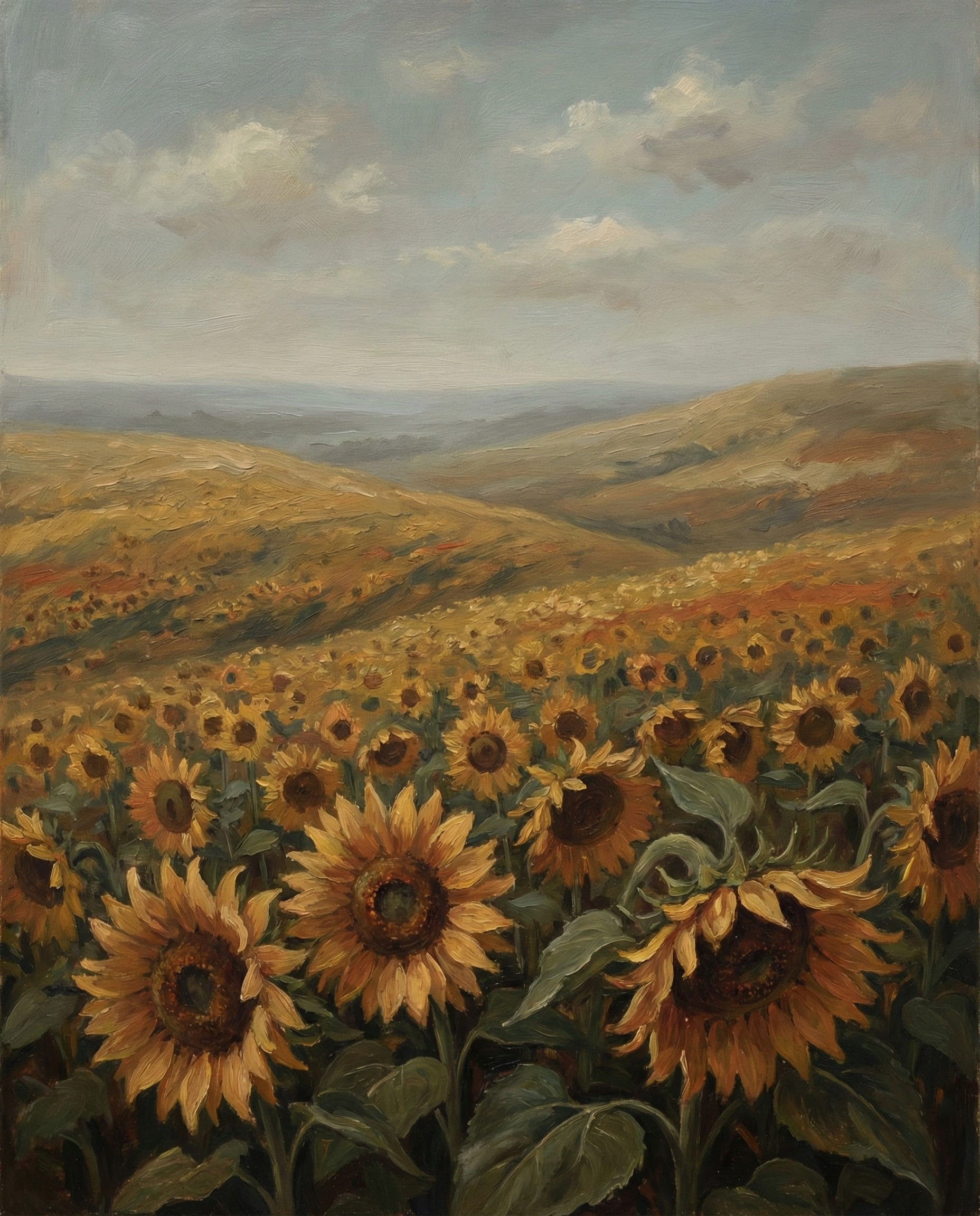 Expansive oil painting of a rolling sunflower field stretching across golden hills beneath a partly cloudy sky capturing the vastness and vibrant charm of rural scenery
