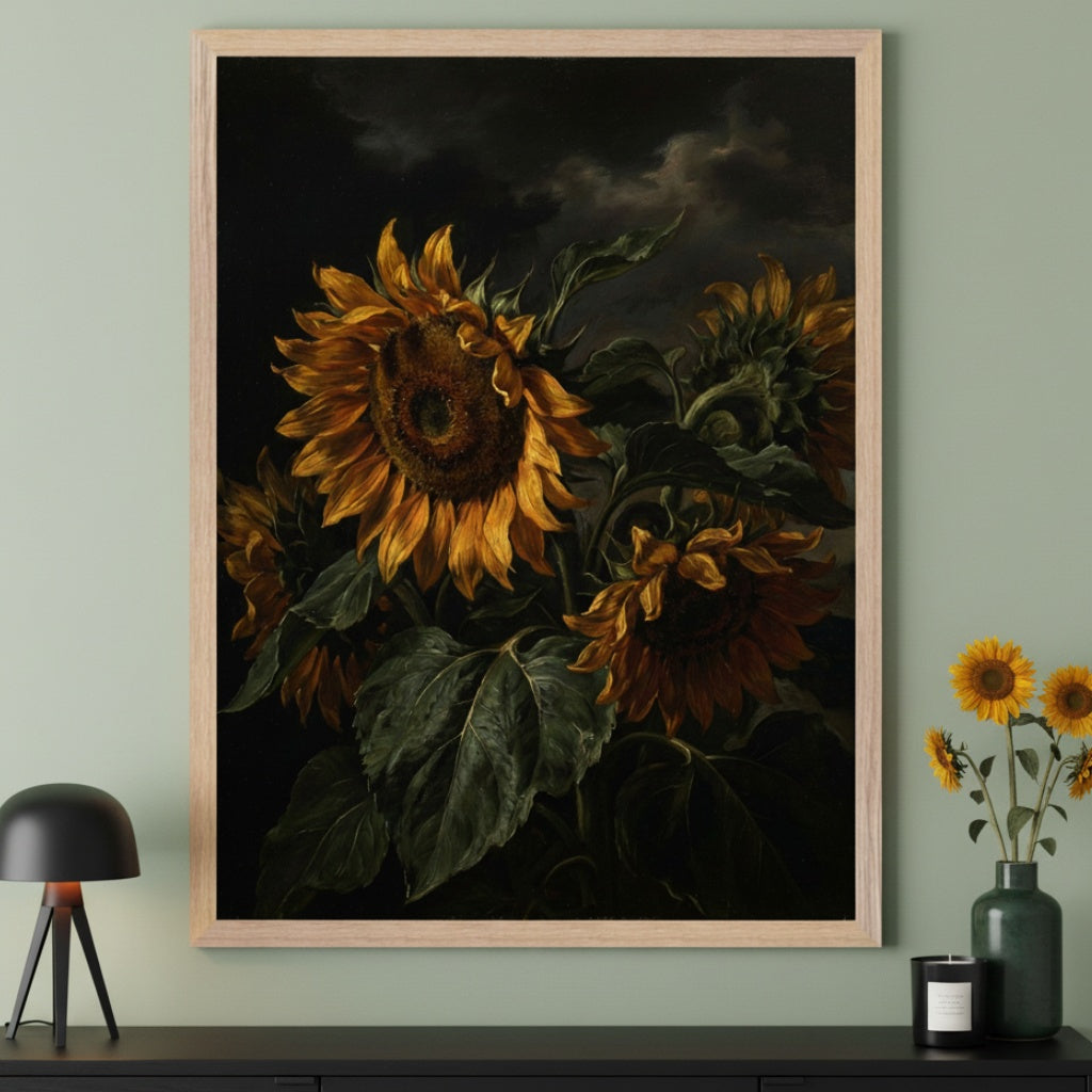 Modern room with a dark dresser. A large framed painting of classical sunflowers under a dark, cloudy sky hangs above the dresser. A black lamp and a vase with sunflowers are on the dresser.
