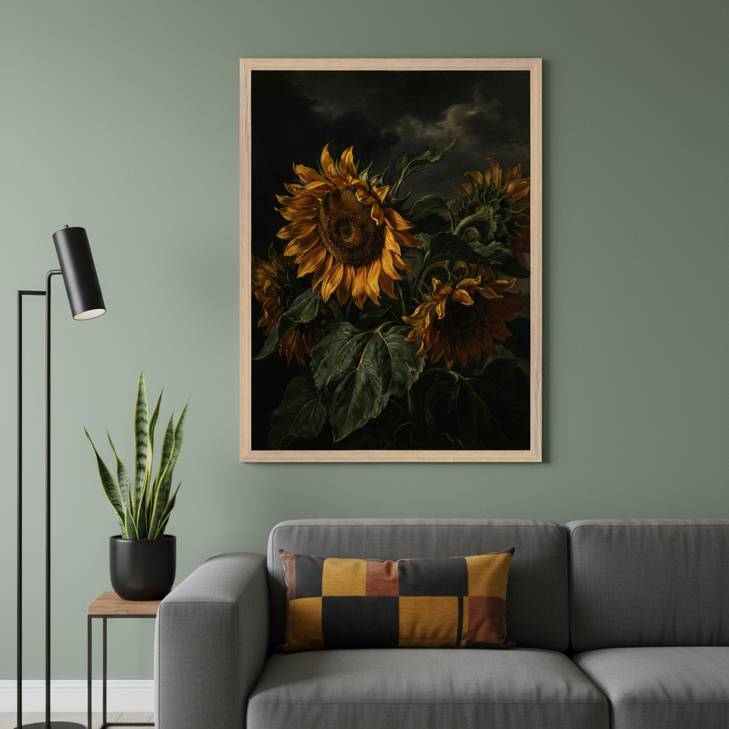 Modern living room with a sage green wall. A large light wood framed painting of dramatic sunflowers against a dark, cloudy sky hangs above a grey sofa. A black floor lamp is to the left.