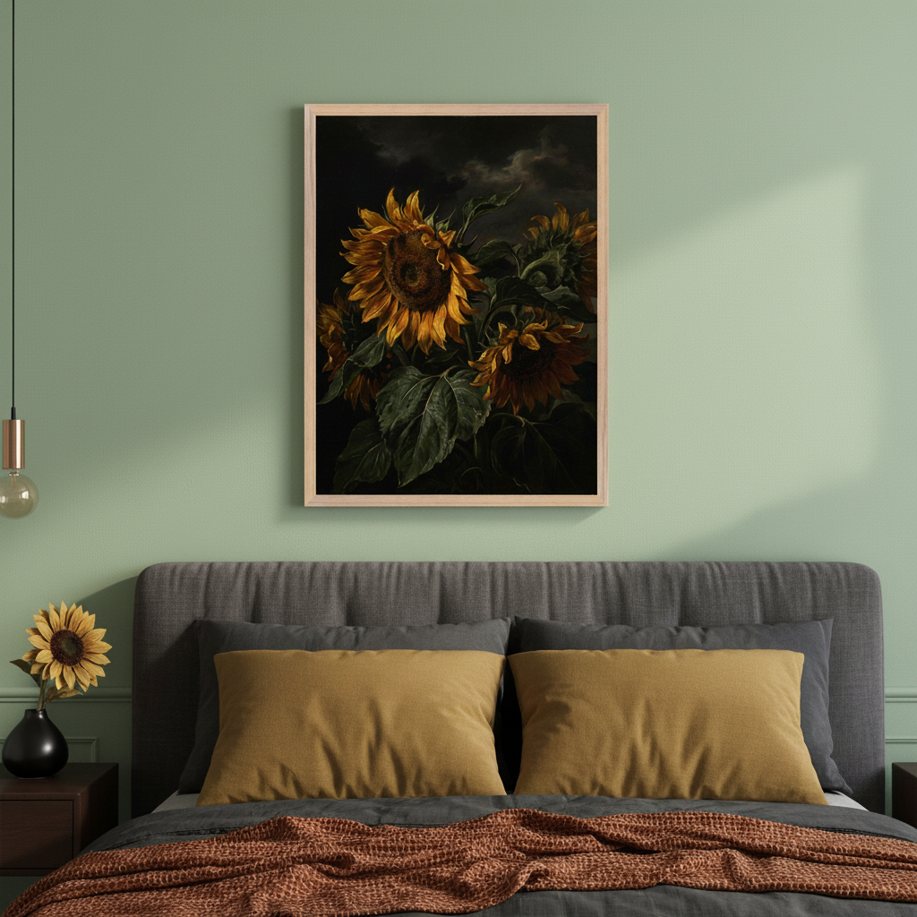 Modern bedroom with a gray upholstered bed. A large framed print of dramatic sunflowers against a dark, stormy sky hangs centered above the bed. A dark bedside table with a sunflower in a black vase is to the left.