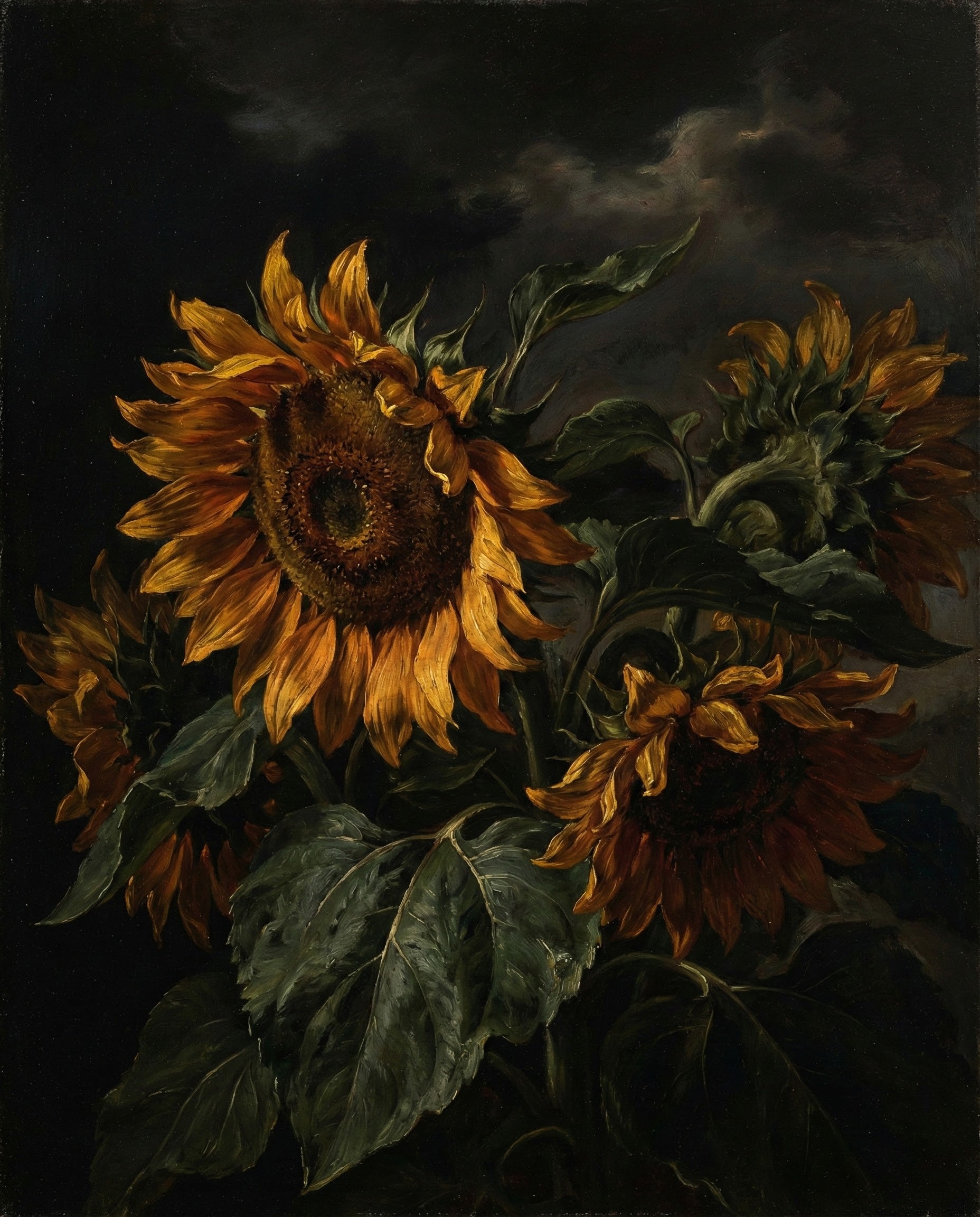 Dramatic oil painting of sunflowers with rich orange petals and dark green leaves illuminated against a moody night sky conveying strength and contrast in nature
