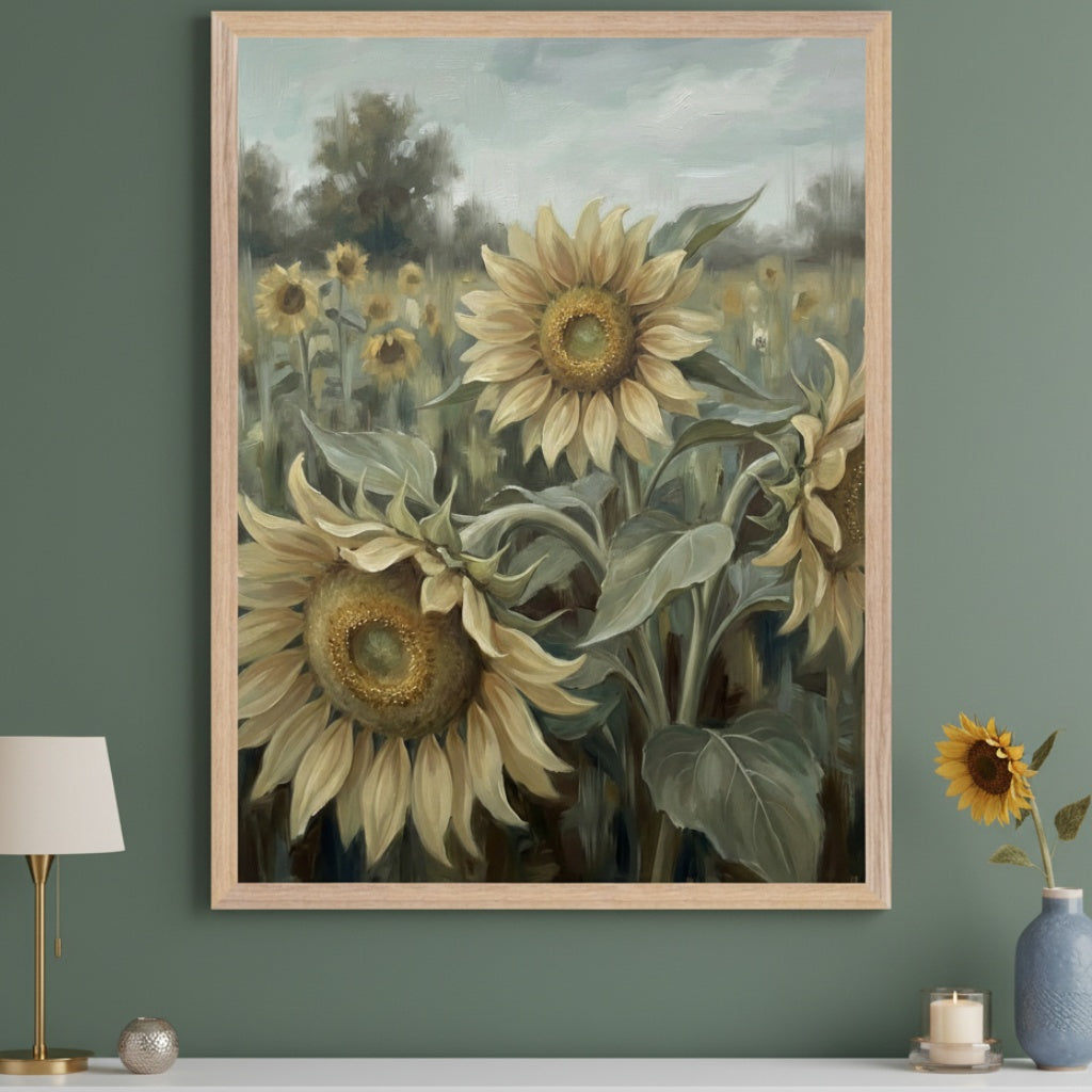 Green-walled modern room with a white console table. A large light wood framed oil painting of a sunflower field hangs centered above the table. On the table are a gold lamp, silver sphere, candle, and blue vase with a single sunflower.