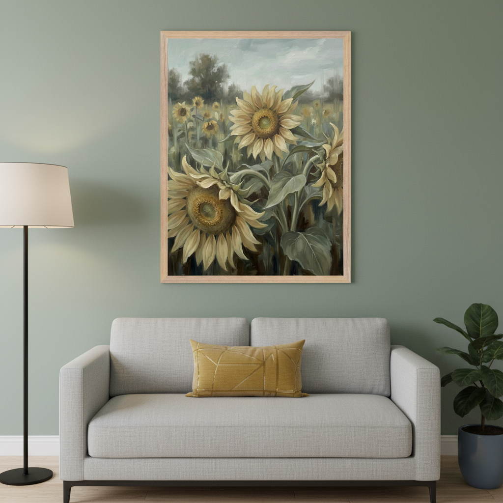 Living room with a gray sofa and a yellow pillow. A large framed painting of sunflowers in a field hangs centered above the sofa. A floor lamp is on the left.