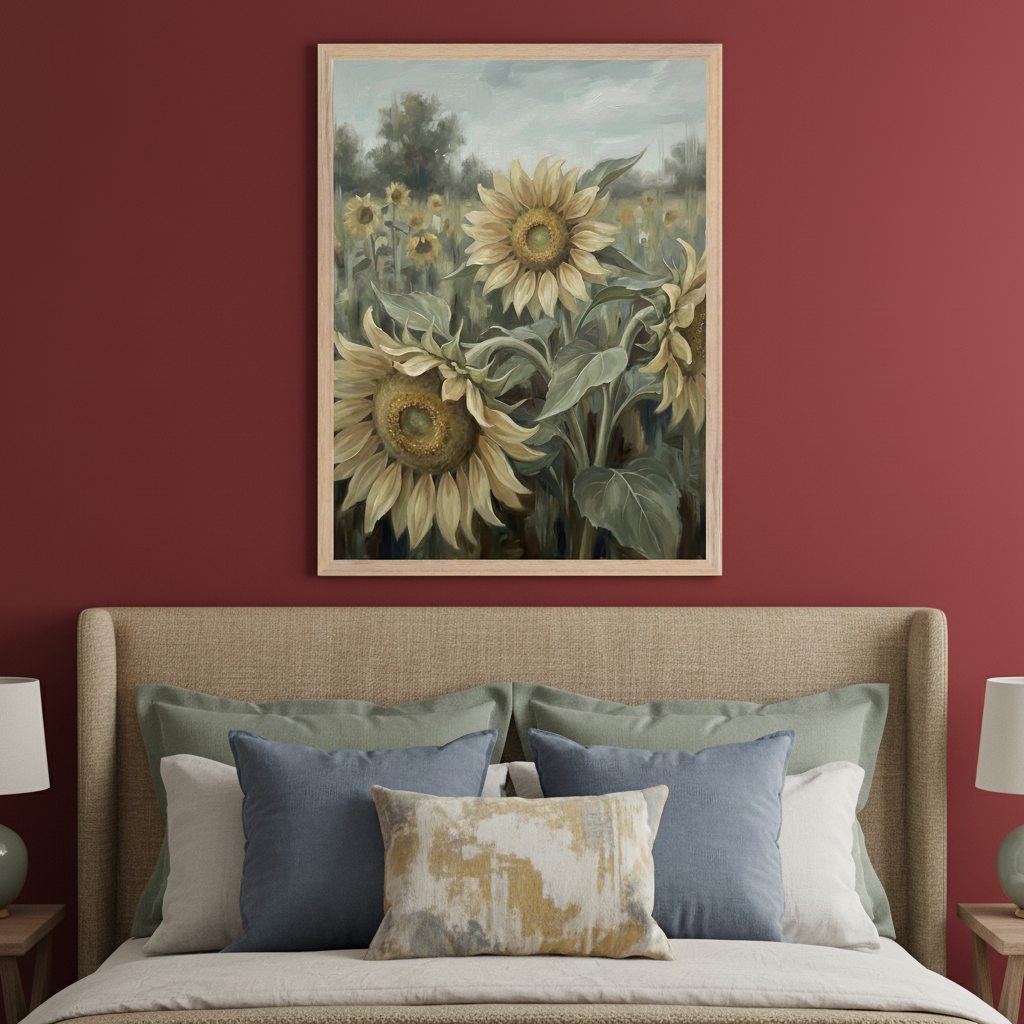 Bedroom with a bed and beige headboard against a red wall. A framed painting of sunflowers in a field with a painterly style hangs centered above the bed.