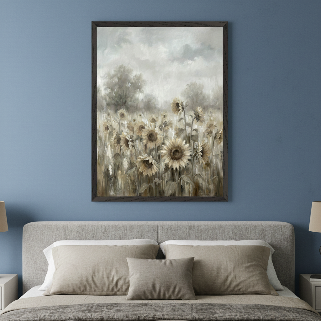 Modern bedroom with blue walls and a gray upholstered bed. A large framed painting of a field of sunflowers in muted earthy tones hangs centered above the headboard.