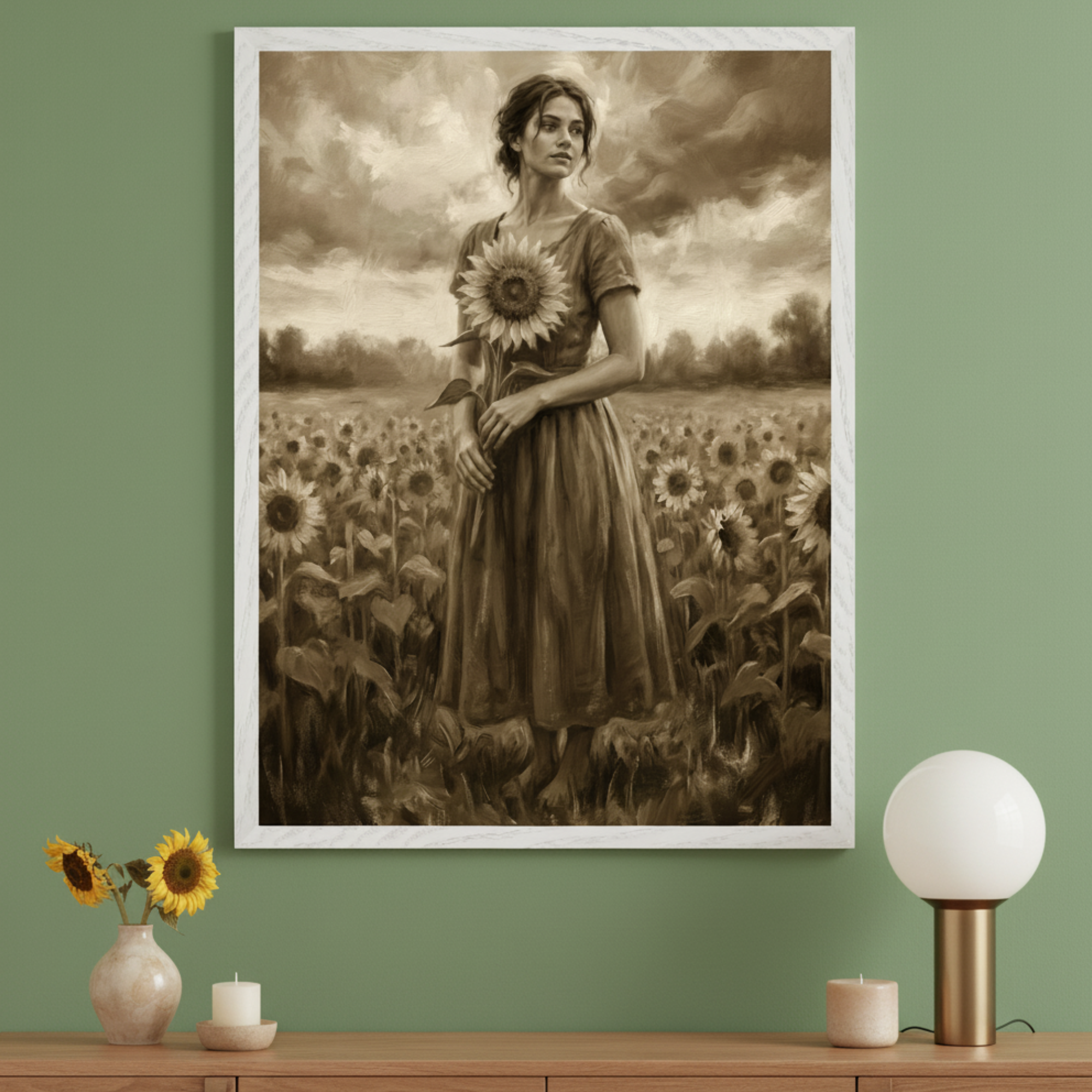 Living room with a large framed sepia-toned painting of a woman holding a sunflower in a field, centered above a wooden dresser. A vase with sunflowers, two candles, and a modern lamp sit on the dresser.