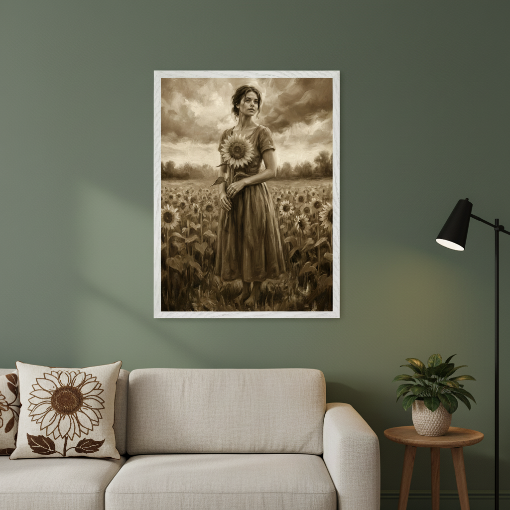 Modern living room with a beige sofa. A framed sepia oil painting of a woman holding a sunflower in a field hangs above the sofa. A black floor lamp and a plant on a wooden side table are to the right.
