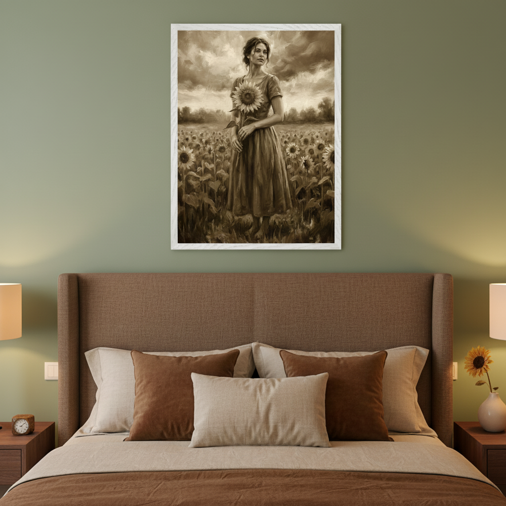Modern bedroom with a brown upholstered bed. A large framed sepia-toned artwork depicting a woman holding a sunflower in a sunflower field under a cloudy sky hangs centered above the bed.