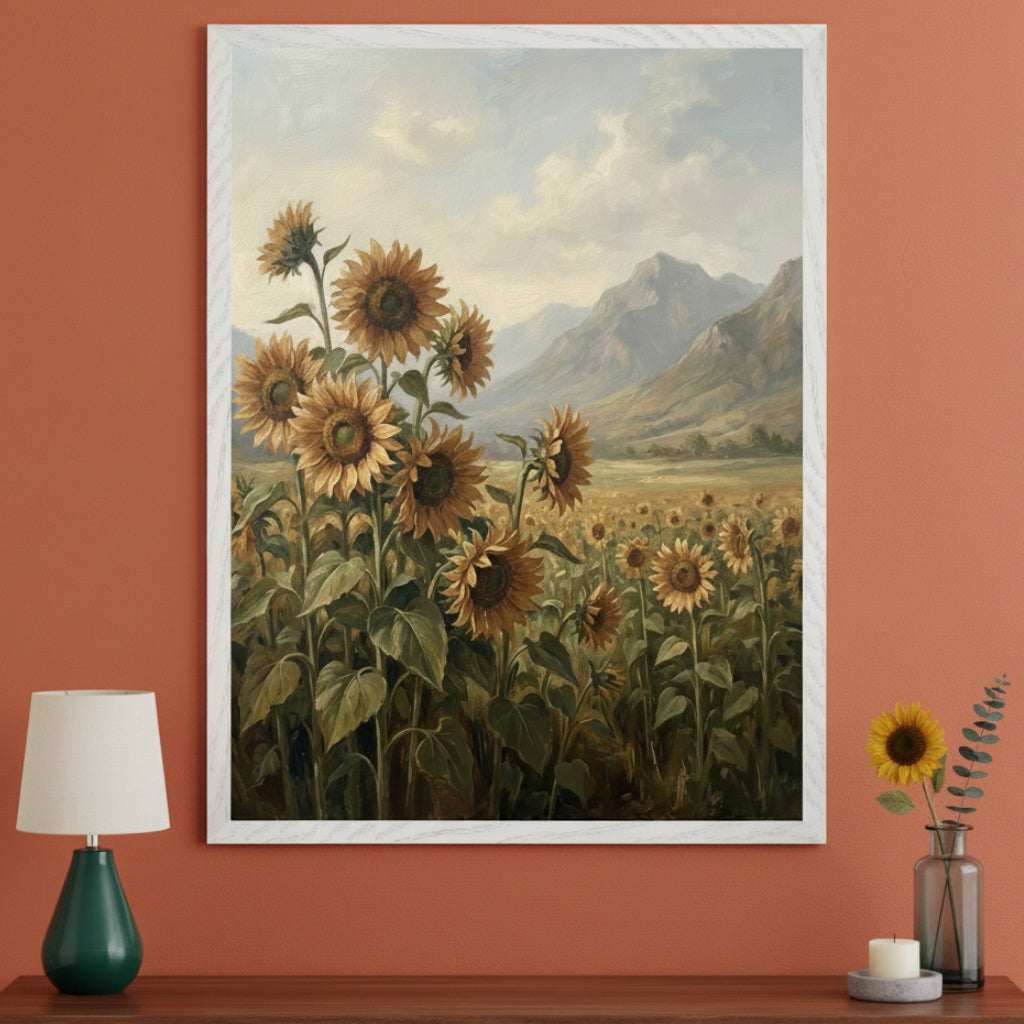 Living room with a wooden table against an orange wall. A large white-framed oil painting of a sunflower field with mountains hangs centered above the table. A green lamp is on the left, and a vase with a sunflower and a candle are on the right.