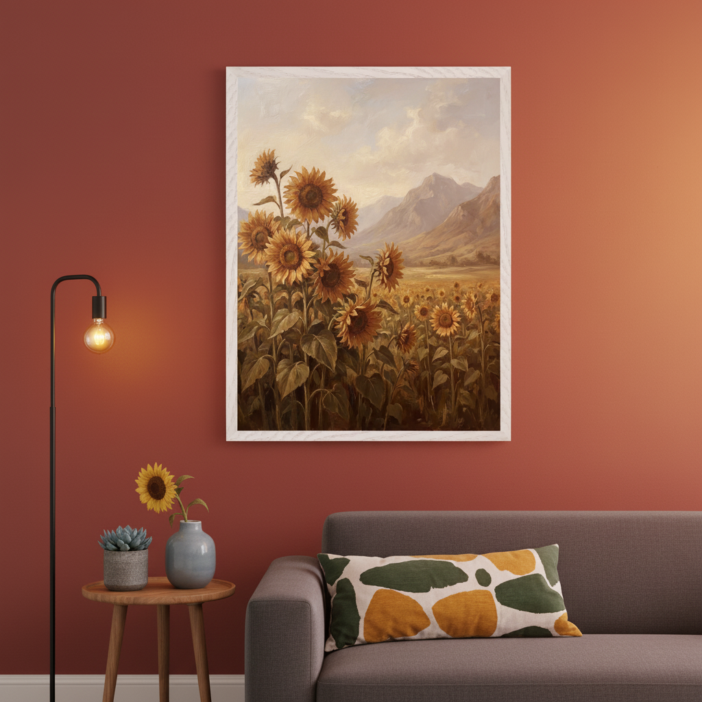 Living room with a gray sofa. A black floor lamp and a side table are on the left. A large framed painting of a sunflower field with mountains in a realistic style hangs above the sofa on a terracotta wall.