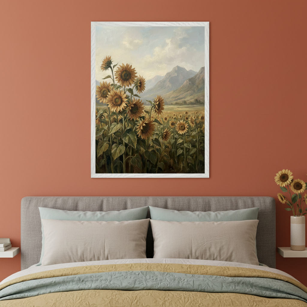 Bedroom with a terracotta wall. A large framed realistic painting of a sunflower field with mountains hangs centered above a gray upholstered bed with beige and mint bedding.