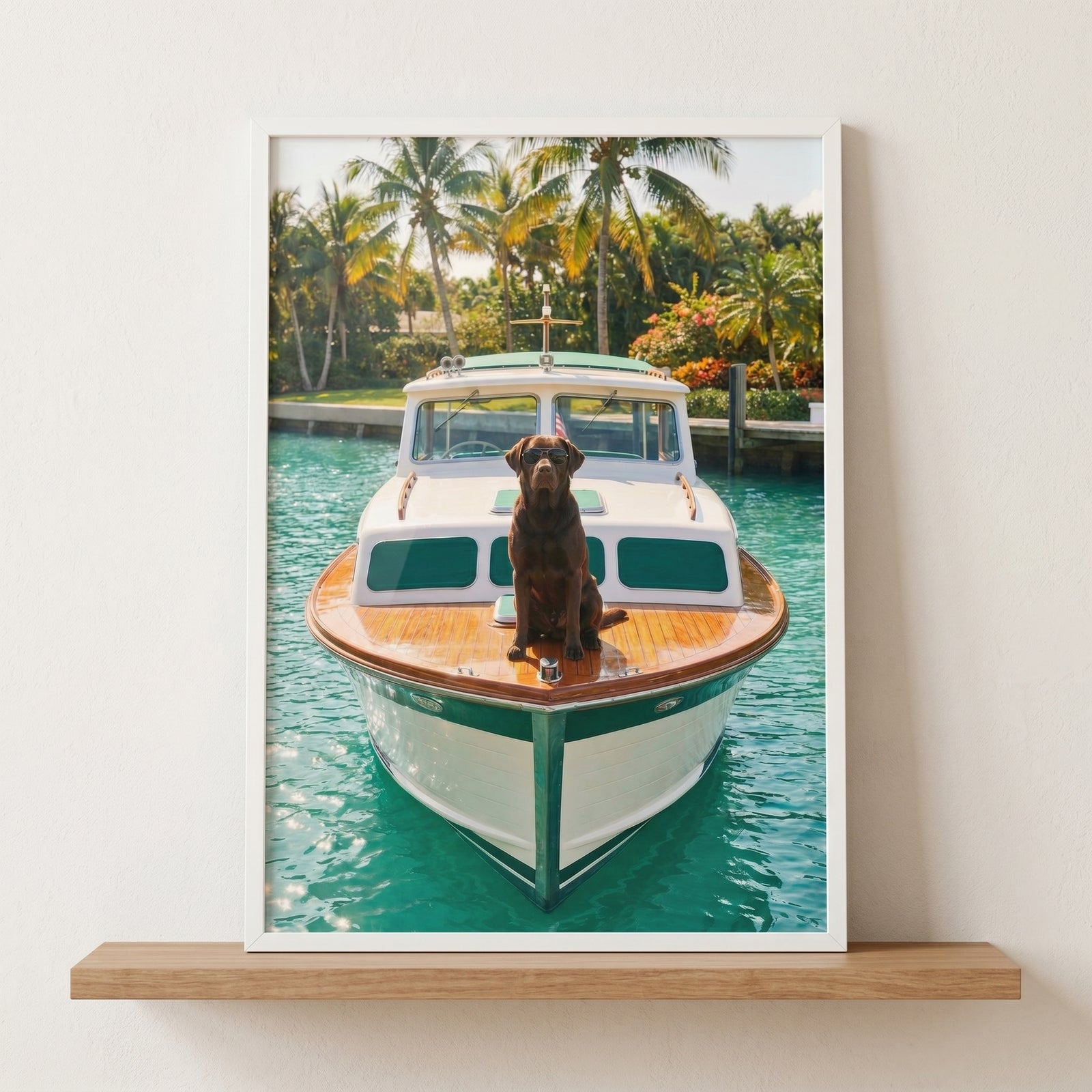 Framed sunglasses wearing chocolate lab wall art shows a dog on a boat in a tropical harbor with palm trees.