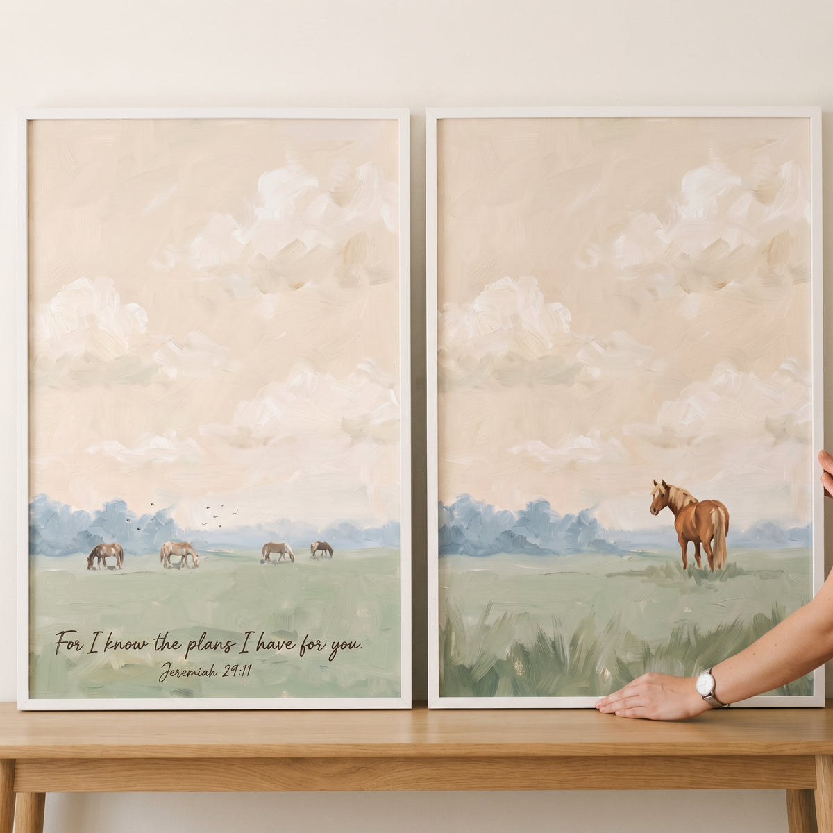 Sunlit apricot field horse wall art set of 2 depicting horses grazing in a soft meadow with the scripture Jeremiah 29:11.