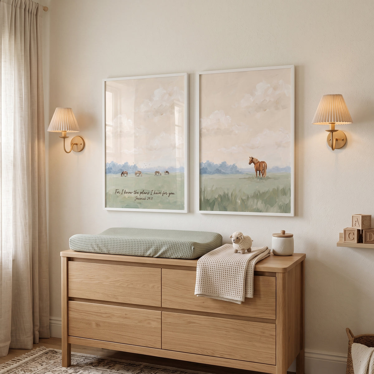 Sunlit Apricot Field Horse Wall Art Set Of 2 - Faithful Pasture View