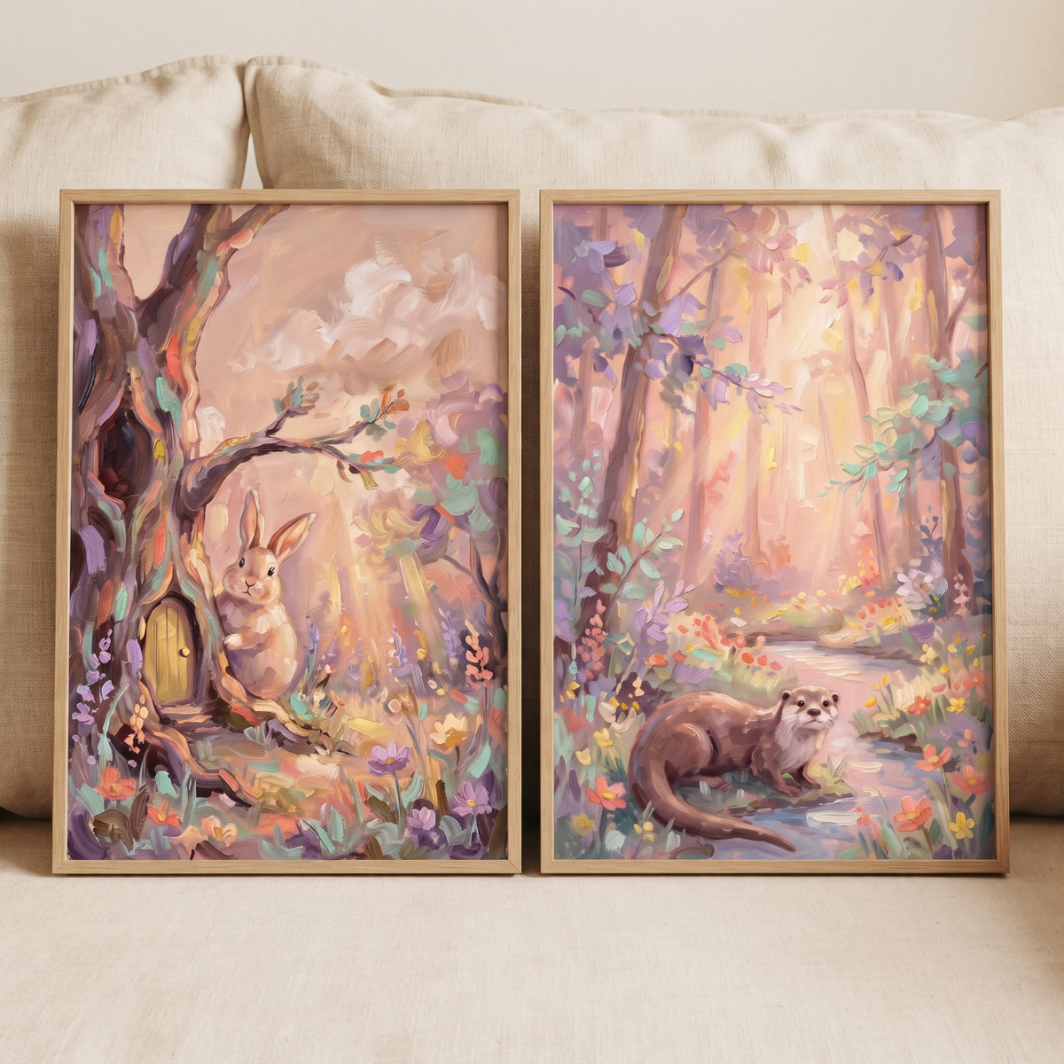 Sunlit blush woodland animals wall art set of 2 featuring a rabbit and an otter in a pastel whimsical forest.