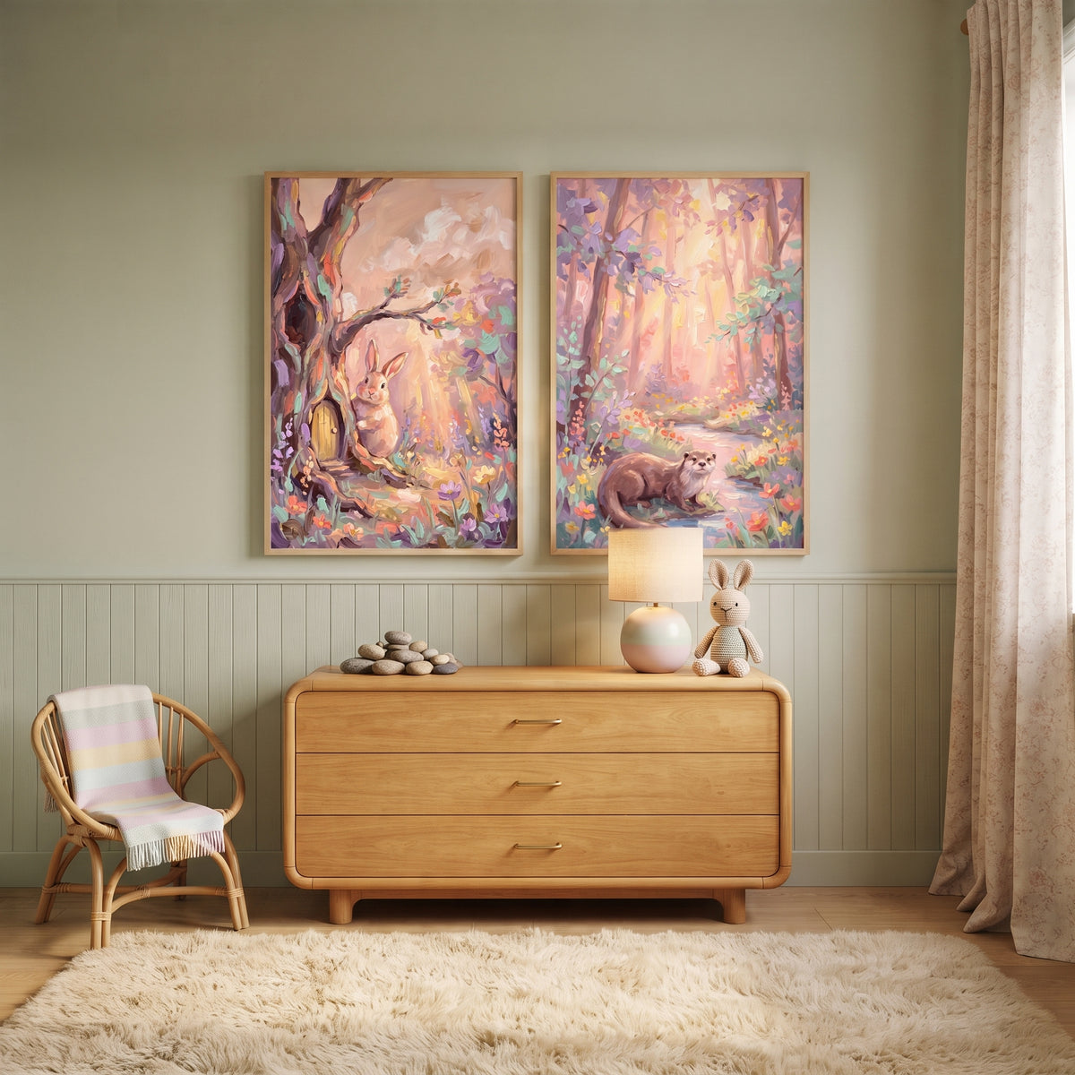 Sunlit Blush Woodland Animals Wall Art Set of 2 - Enchanted Woodland Tales
