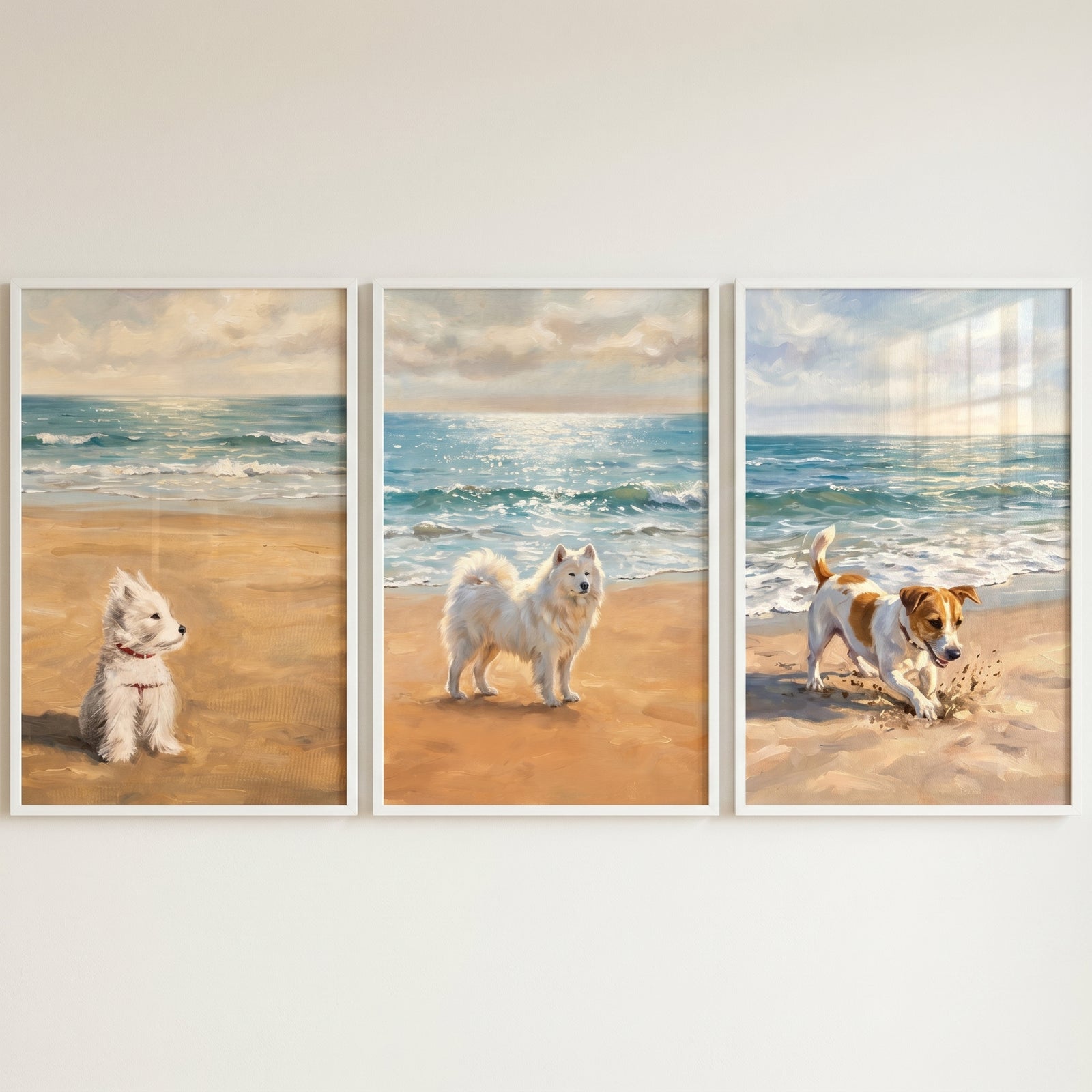 Sunlit coastal beach dogs wall art set of 3 with a white terrier, a fluffy white dog, and a brown and white dog on sand.