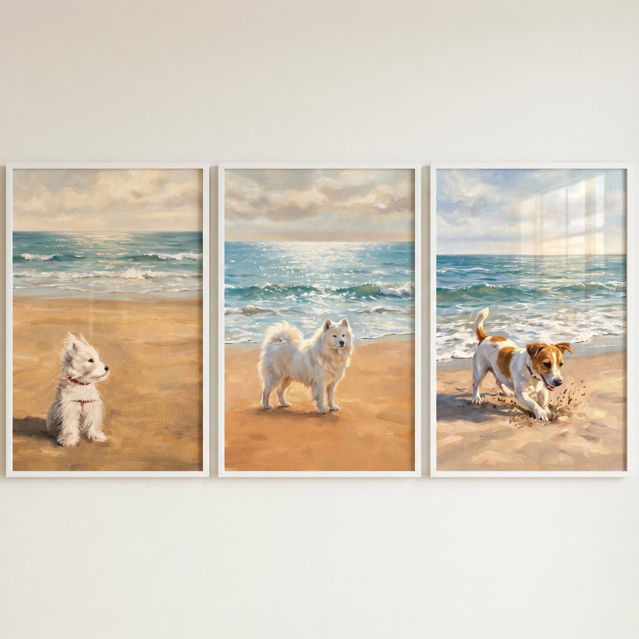 Sunlit Coastal Beach Dogs Wall Art Set of 3 - Sandy Paws Shore