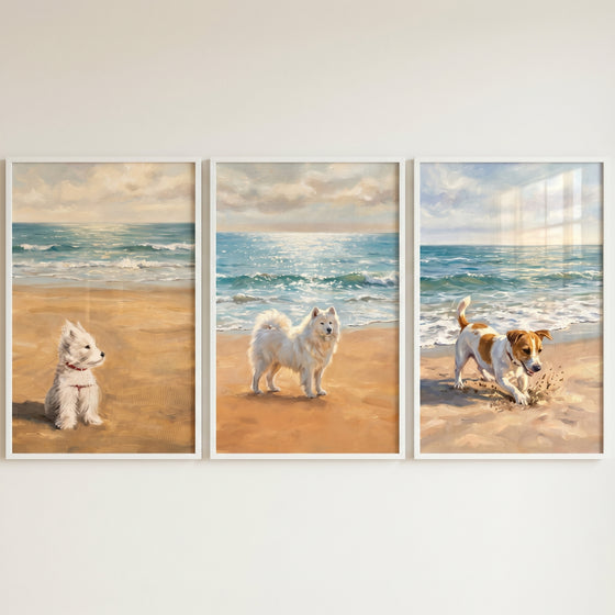 Sunlit coastal beach dogs wall art set of 3 with a white terrier, a fluffy white dog, and a brown and white dog on sand.