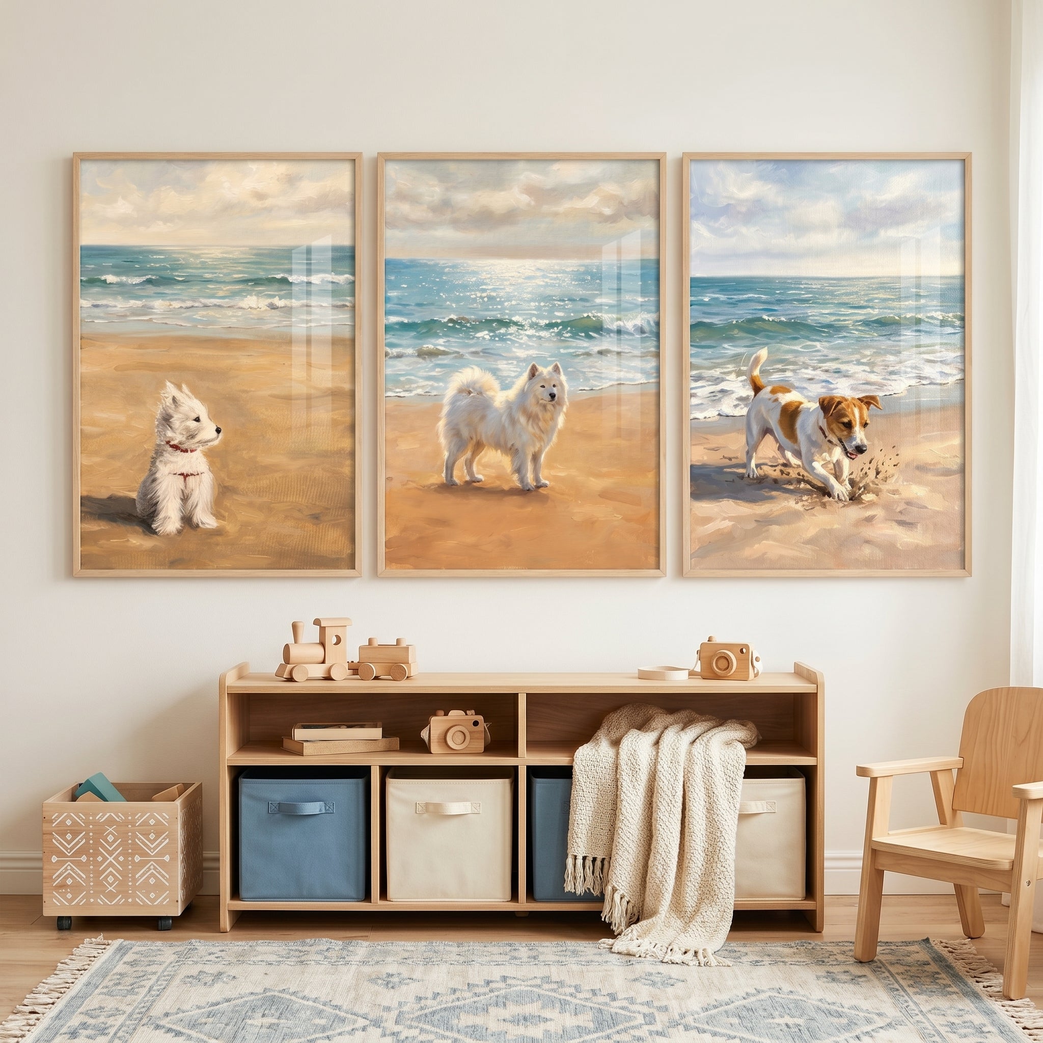 Sunlit Coastal Beach Dogs Wall Art Set of 3 - Sandy Paws Shore