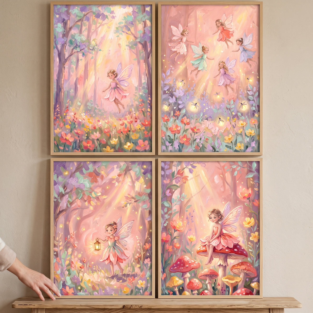 Sunlit Enchanted Forest Fairy Wall Art Set of 4 - Magical Garden Dreams