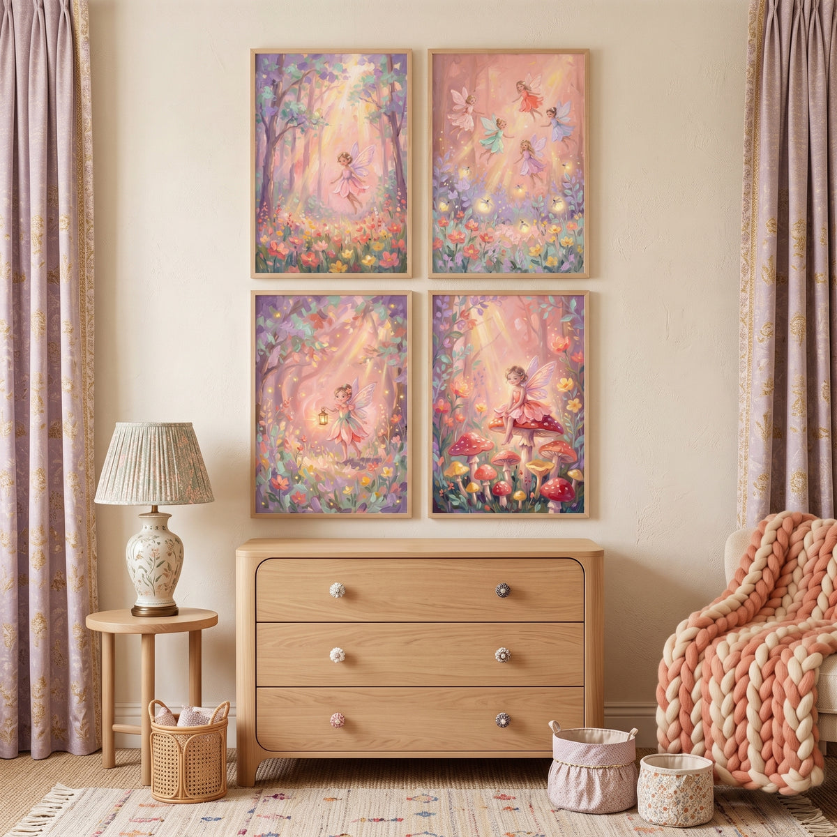 Sunlit Enchanted Forest Fairy Wall Art Set of 4 - Magical Garden Dreams