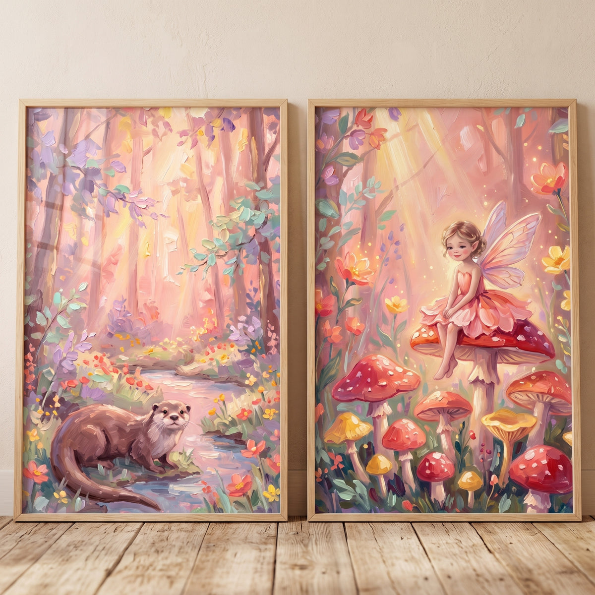 Sunlit enchanted forest wall art set of 2 featuring an otter near a stream and a fairy sitting on a mushroom.
