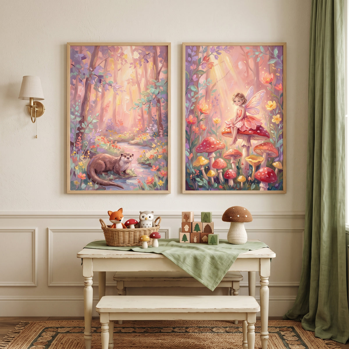 Sunlit Enchanted Forest Wall Art Set of 2 - Whimsical Fairy Glen