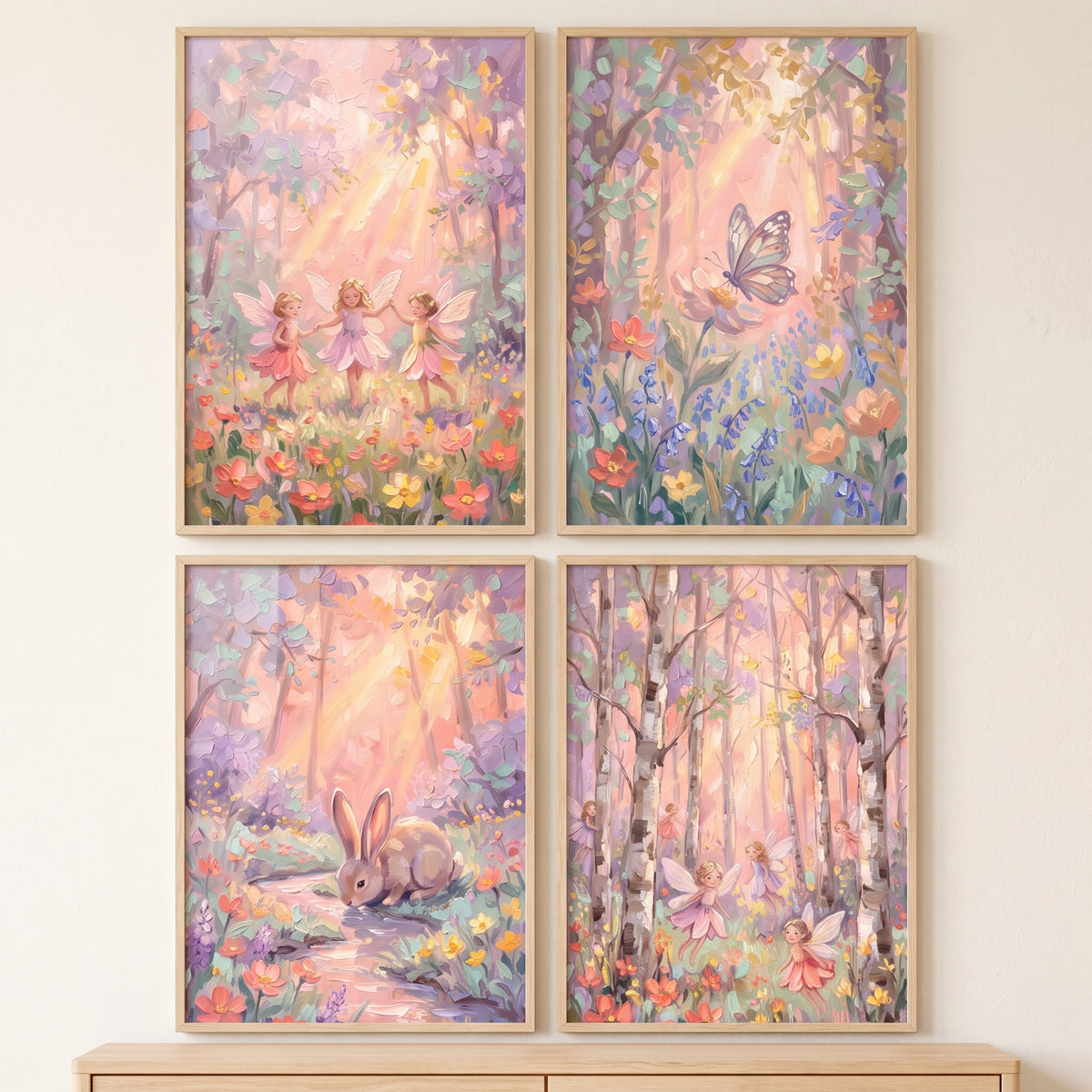 Sunlit flower meadow forest wall art set of 4 with fairies, a rabbit, and a butterfly in a whimsical pastel woodland.