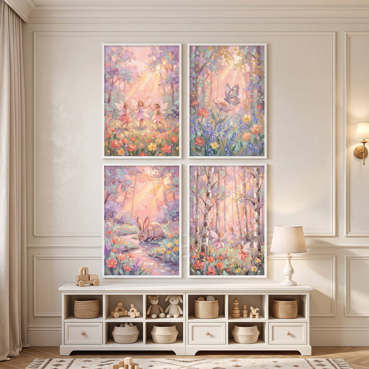 Sunlit Flower Meadow Forest Wall Art Set of 4 - Enchanted Nature Dreams