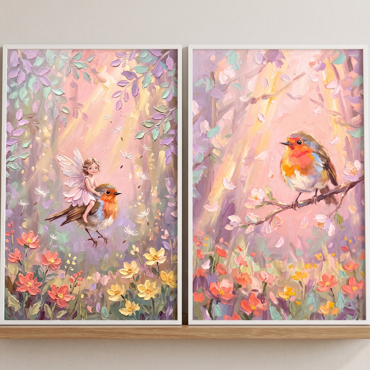 Sunlit Forest Pastel Robin Bird Wall Art Set of 2 - Fairy Woodland Song