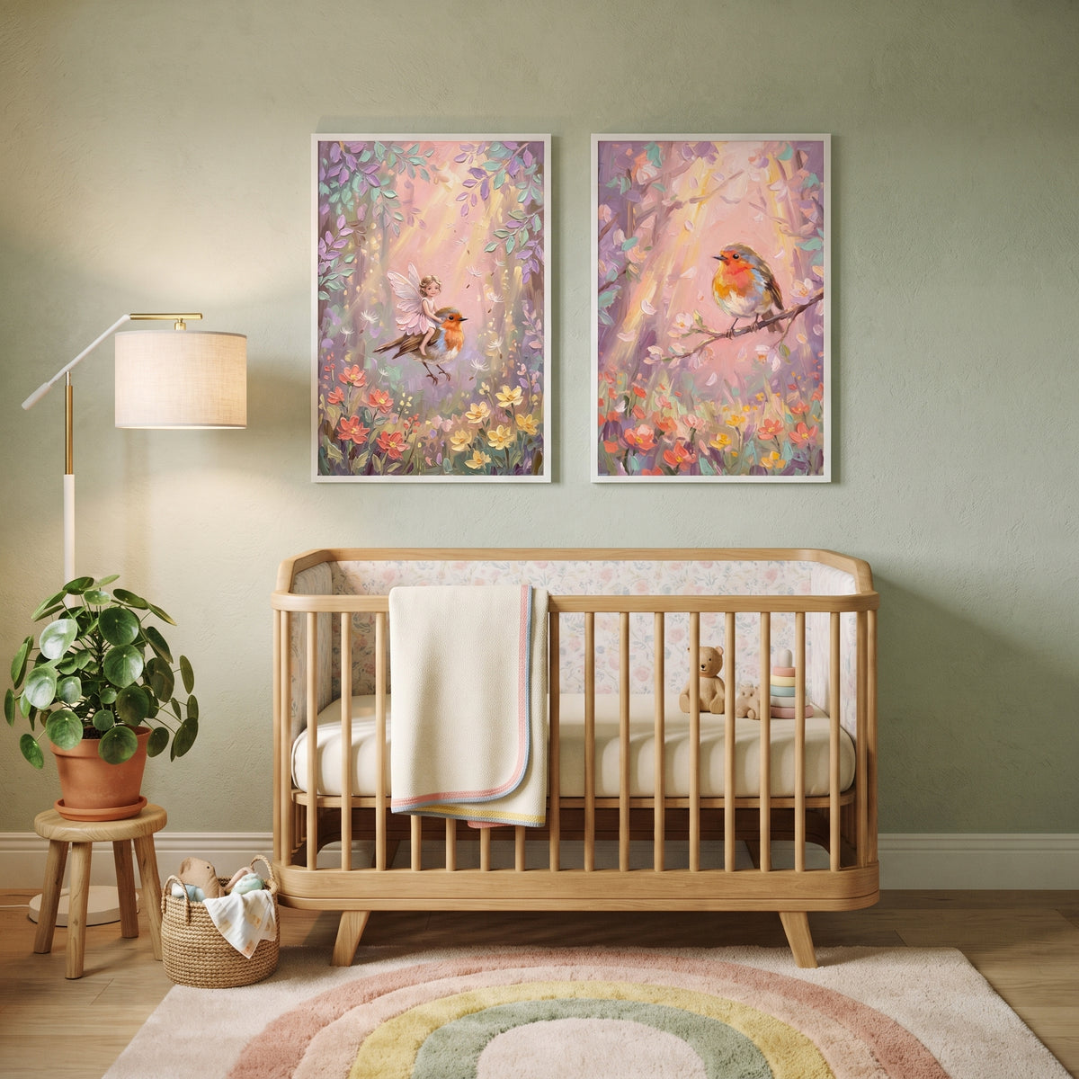 Sunlit Forest Pastel Robin Bird Wall Art Set of 2 - Fairy Woodland Song