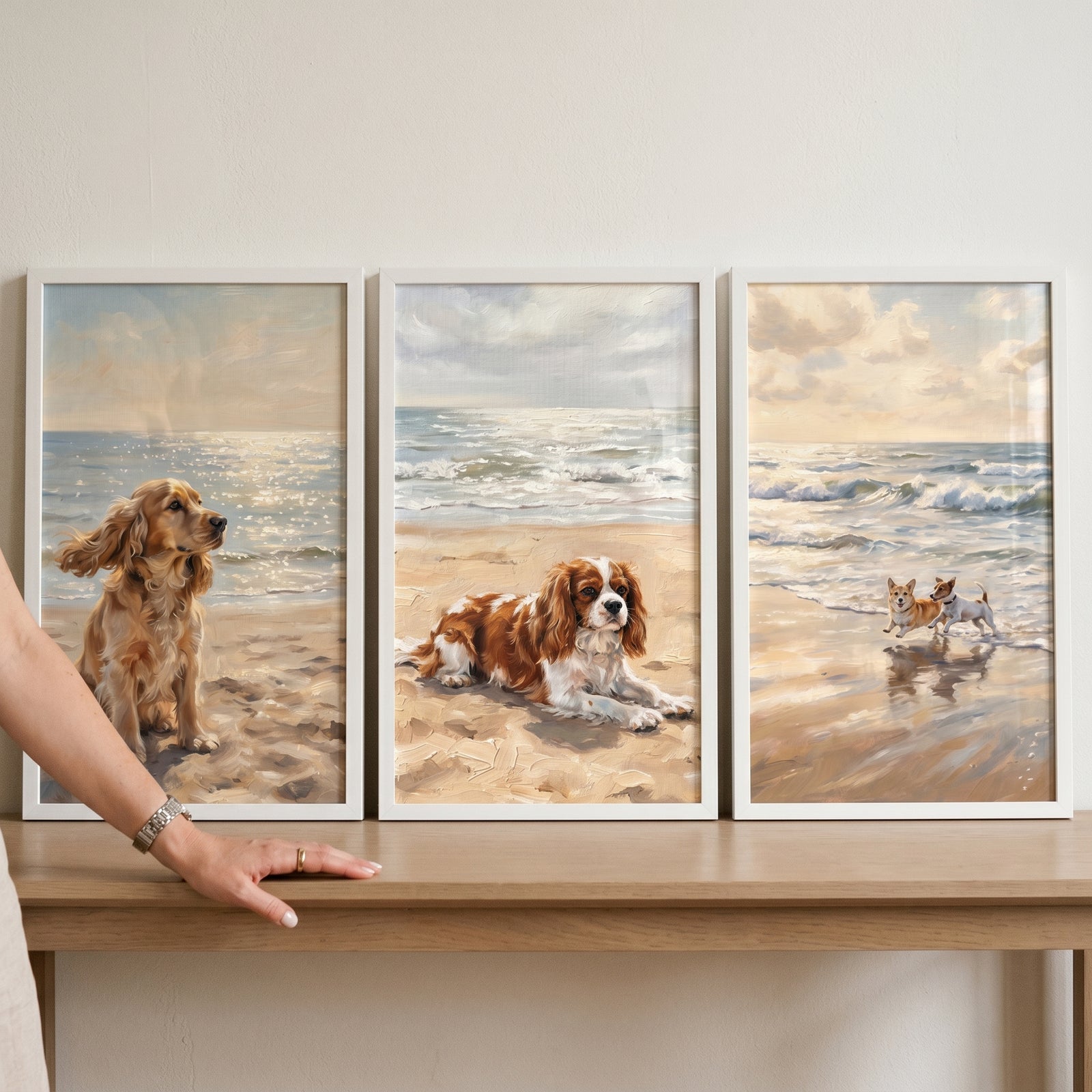 Sunlit golden hour dogs wall art set of 3 features spaniels and puppies on a beach under a glowing sunset sky.
