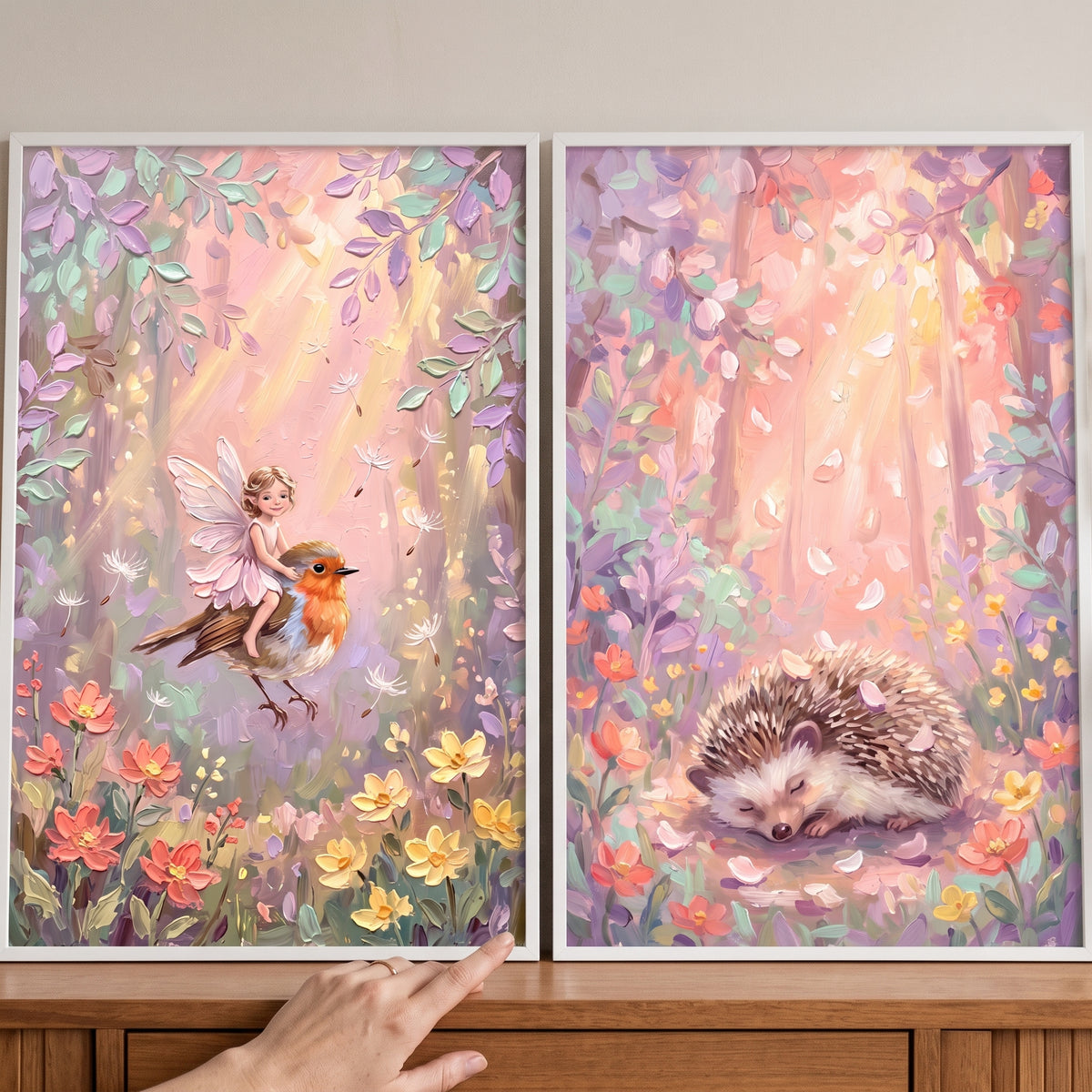 Sunlit impasto friends woodland wall art set of 2 with a fairy riding a bird and a sleeping hedgehog in a floral forest.