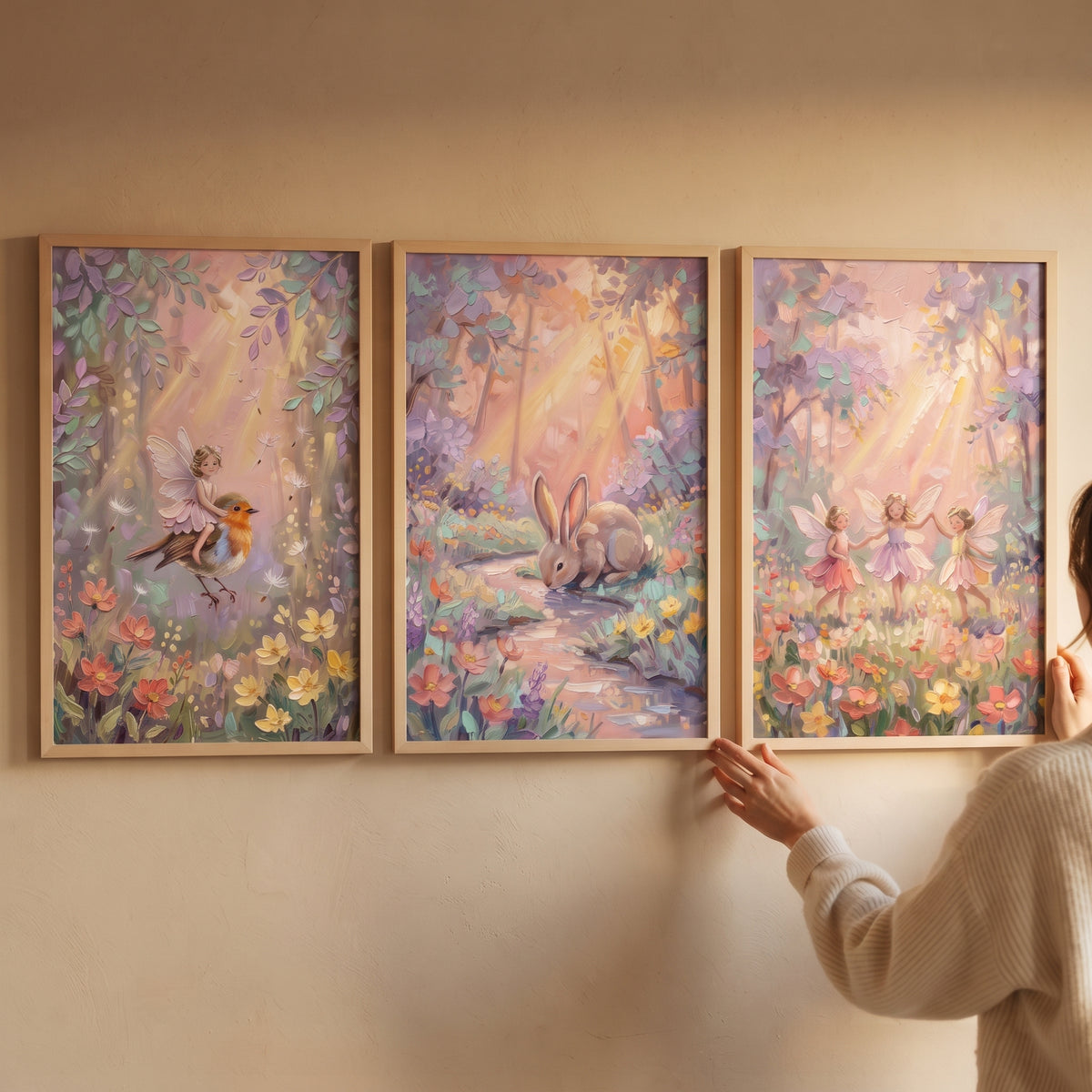 Sunlit Lavender Friends Forest Wall Art Set of 3 - Fairy Woodland Tales
