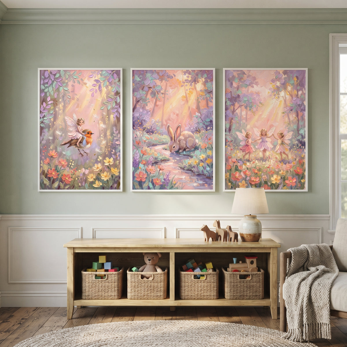 Sunlit Lavender Friends Forest Wall Art Set of 3 - Fairy Woodland Tales