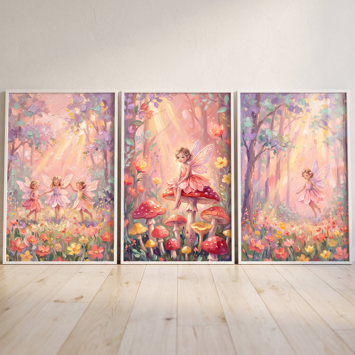 Whimsical sunlit magical garden fairy wall art set of 3 shows winged figures amidst vibrant flowers and mushrooms.