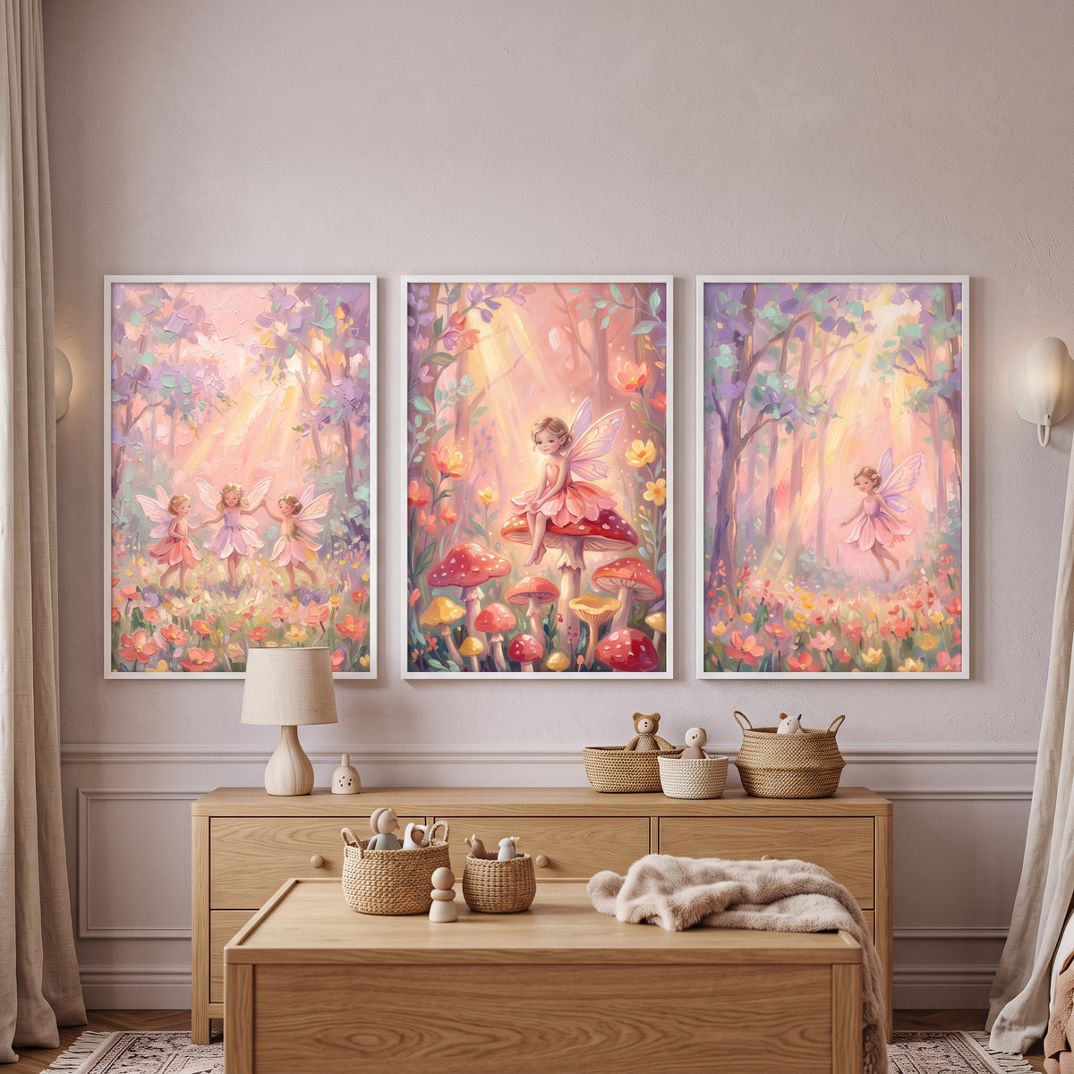 Sunlit Magical Garden Fairy Wall Art Set of 3 - Whimsical Mushroom Glade