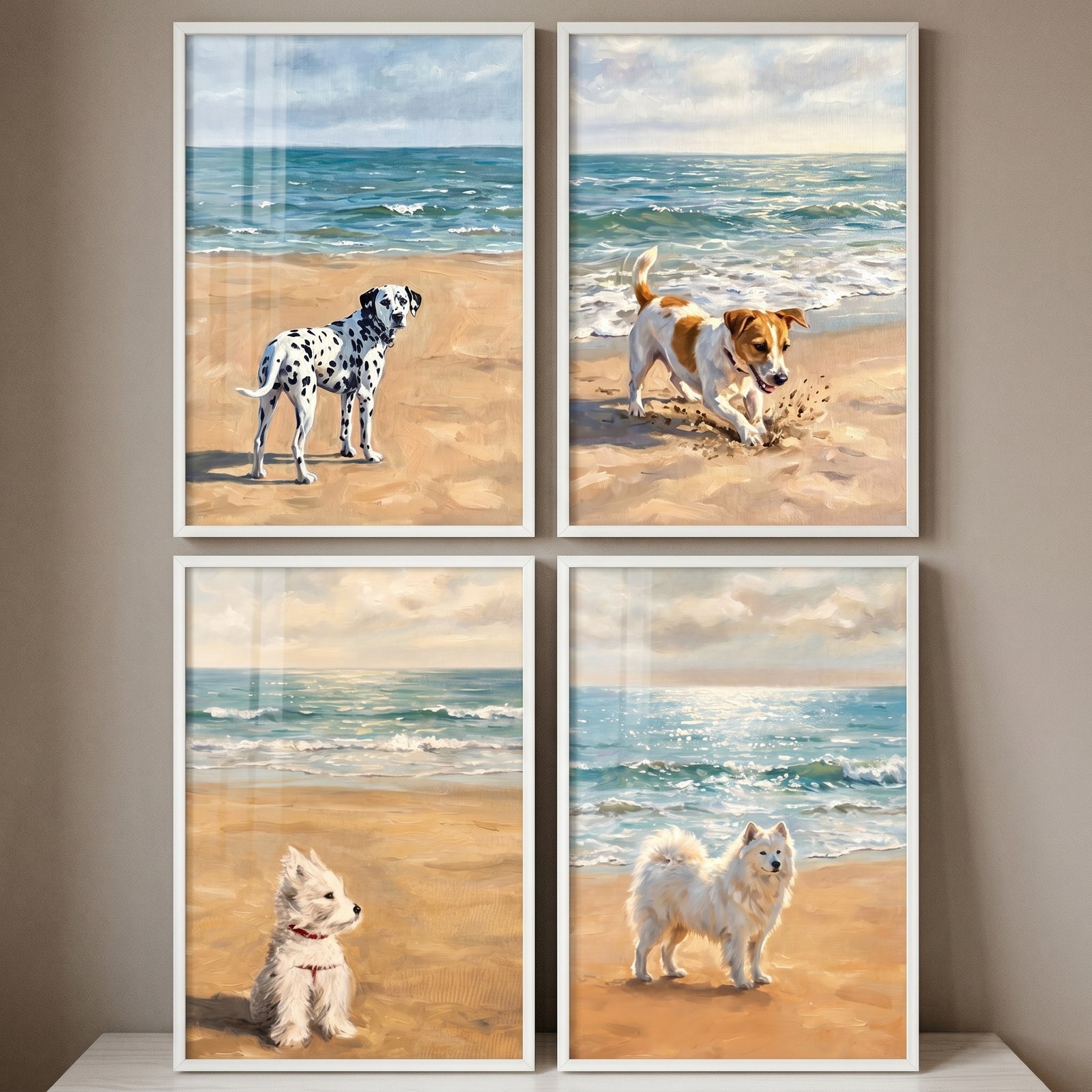 Sunlit maritime beach dogs wall art set of 4 featuring a dalmatian, terriers, and a fluffy white dog on sandy shores.