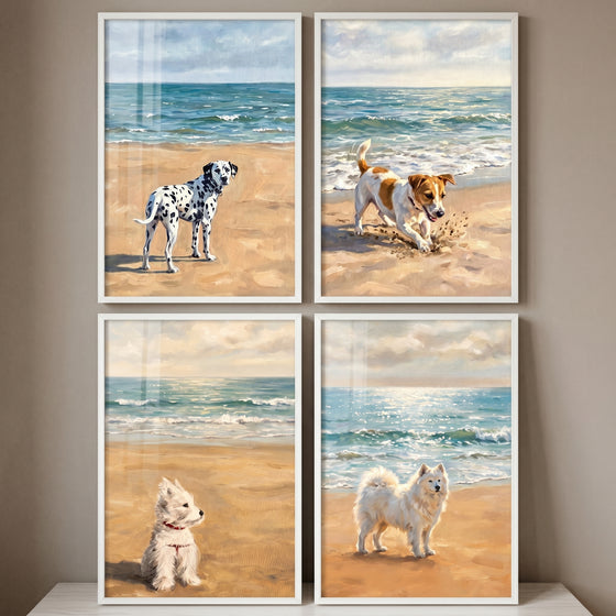 Sunlit maritime beach dogs wall art set of 4 featuring a dalmatian, terriers, and a fluffy white dog on sandy shores.