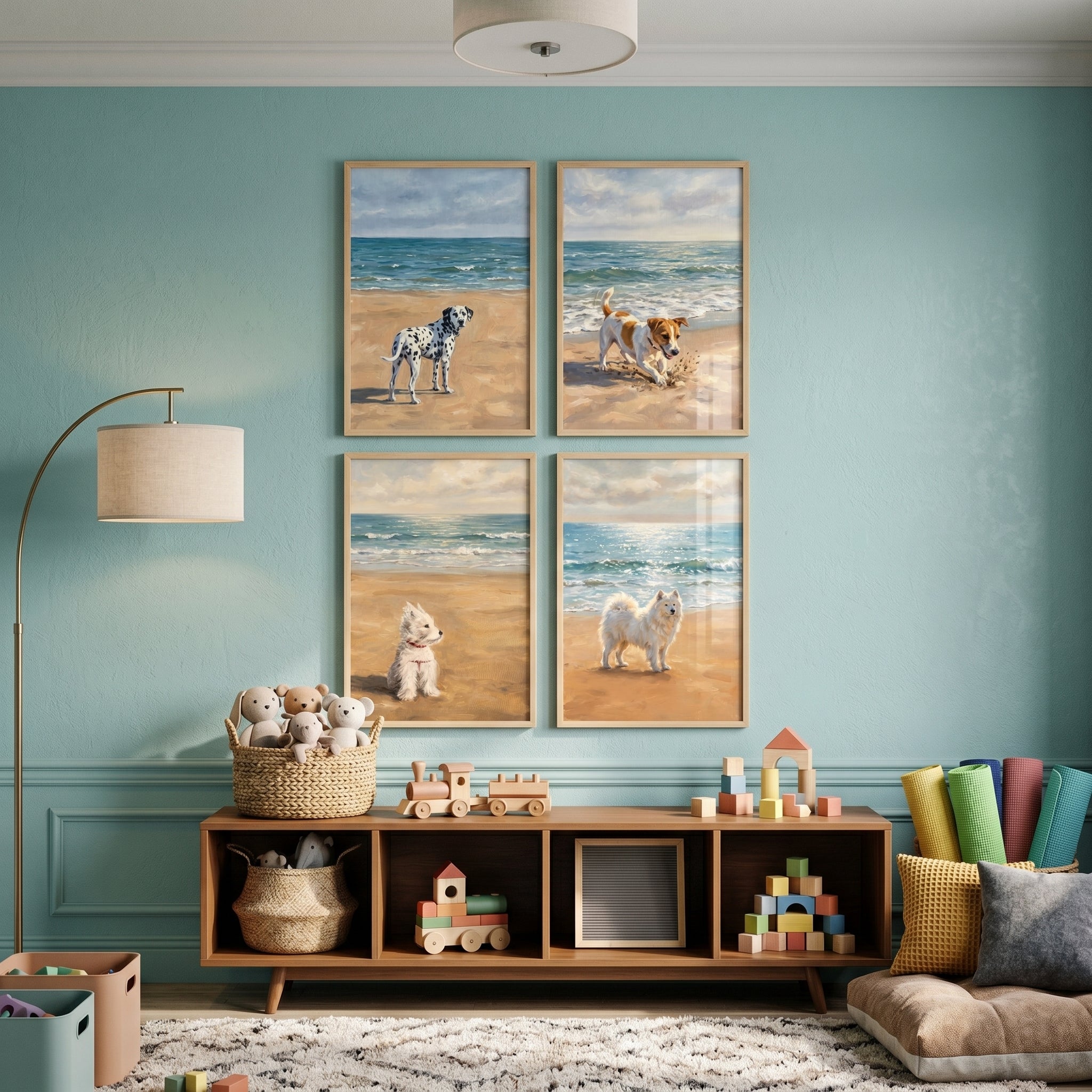 Sunlit Maritime Beach Dogs Wall Art Set of 4 - Seaside Puppy Pals
