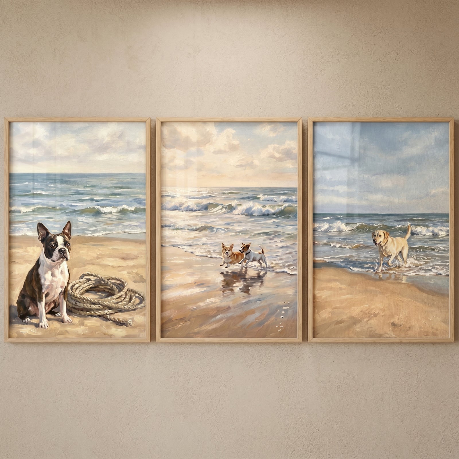 Boston Terrier, small dogs playing, and a Labrador on the beach in this sunlit maritime shore dogs wall art set of 3.