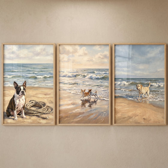 Boston Terrier, small dogs playing, and a Labrador on the beach in this sunlit maritime shore dogs wall art set of 3.