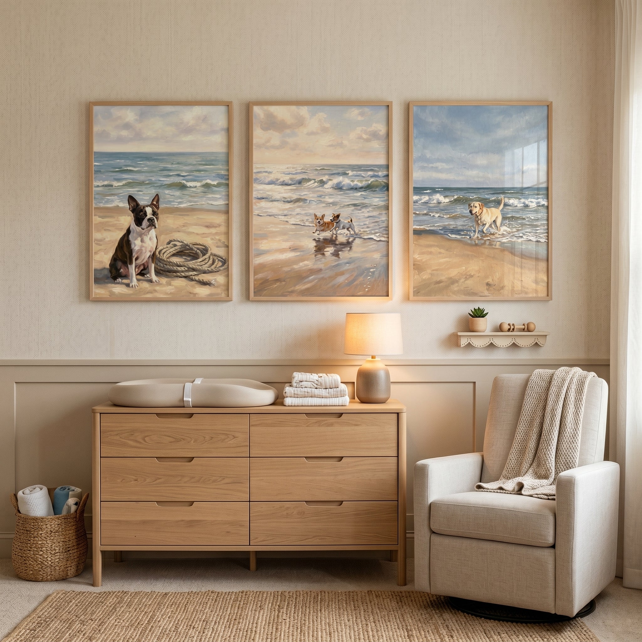Sunlit Maritime Shore Dogs Wall Art Set of 3 - Coastal Canine Friends