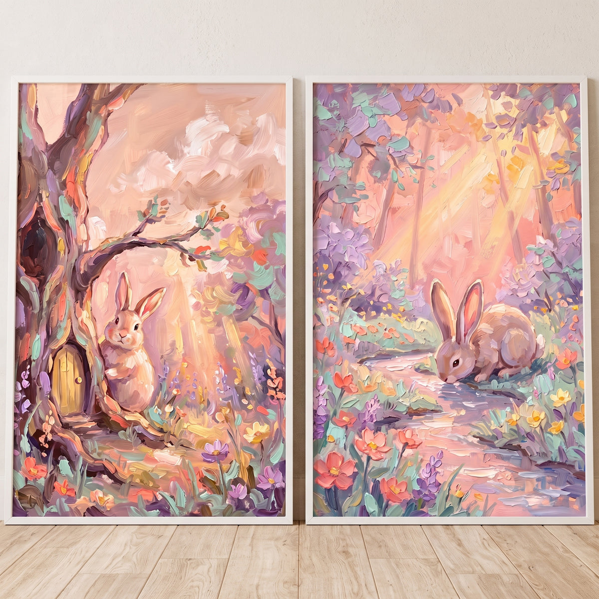 Sunlit pastel enchanted bunny wall art set of 2 shows rabbits in a floral forest near a tiny tree door and a stream.